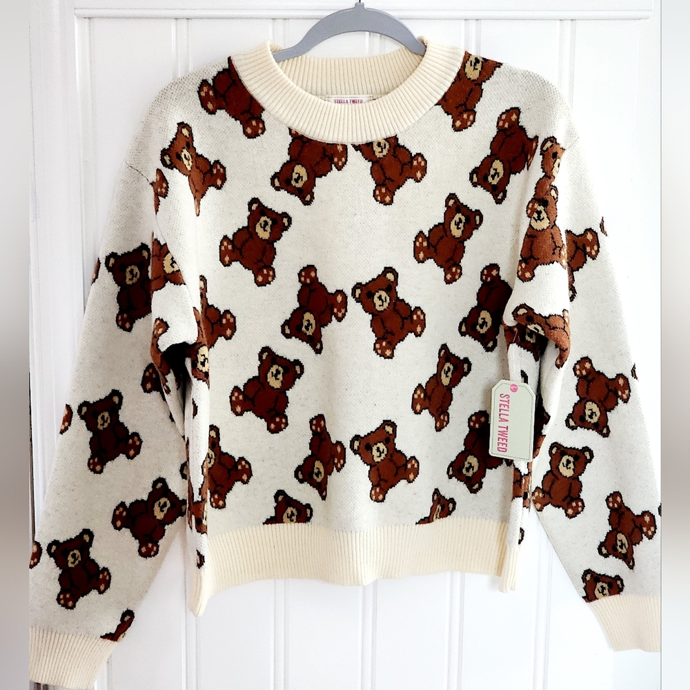 Woman winter cozy crew neck knit sweaters with teddy bear print soft warm XL